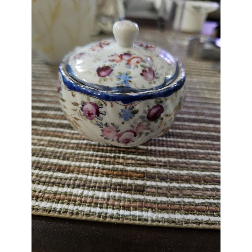 Antique Porcelain Mustard Pot Lidded Jam Condiment Hand Painted Roses Cobalt